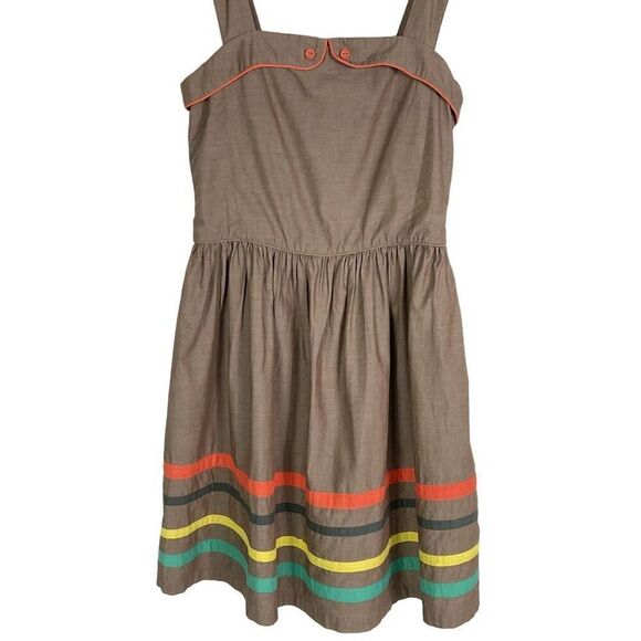 Mini Boden Girls' Brown Sleeveless Dress With Colorful Stripes 11-12Y Cotton - Picture 5 of 12
